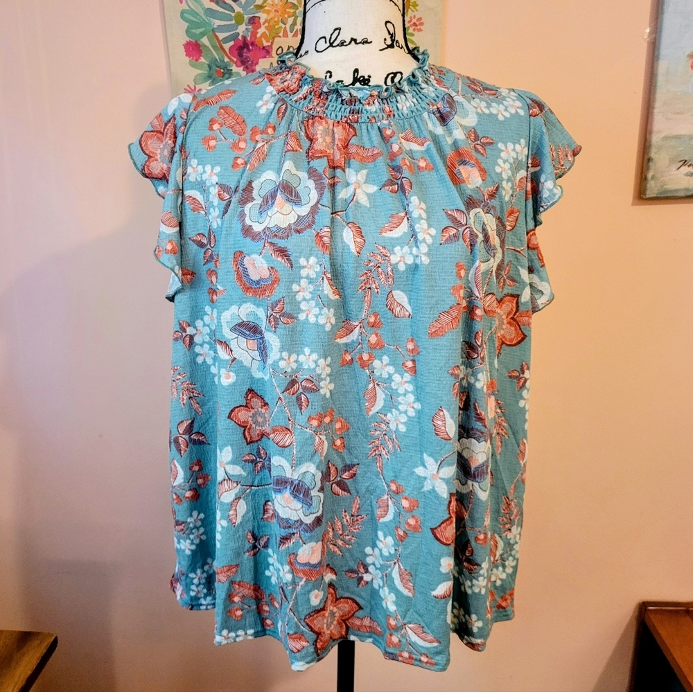 NWT Melloday Blue Floral Flutter Sleeve Top, Ruched Mocked Turtleneck, XL
